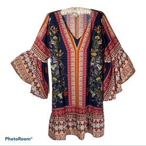 Umgee Boho Dress with Bell Sleeves. Sz L. EUC